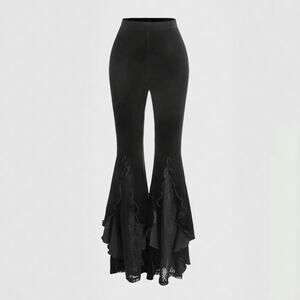 Shein MOD Black Romantic Contrast Lace Ruffle Trim Velvet Flare Leg Pants Large